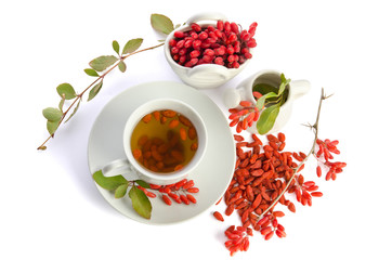 presentation for goji fresh antioxidant tea isolated on white 