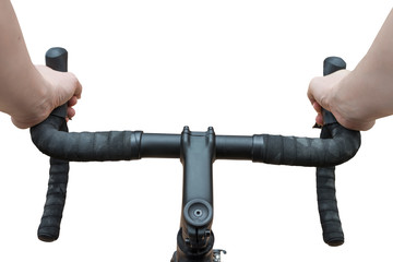 Dynamic view of cyclists arms on a road bike isolated on white