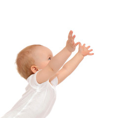 Baby toddler raise hands up for text copy space isolated