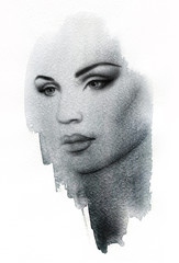 Woman face. Black and white. Abstract watercolor illustration