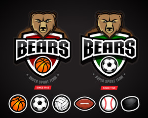 Bears sport logo team template/logotype constructor for basketball, soccer, volleyball, american football, baseball, hockey. Bear mascot. Vector illustration.