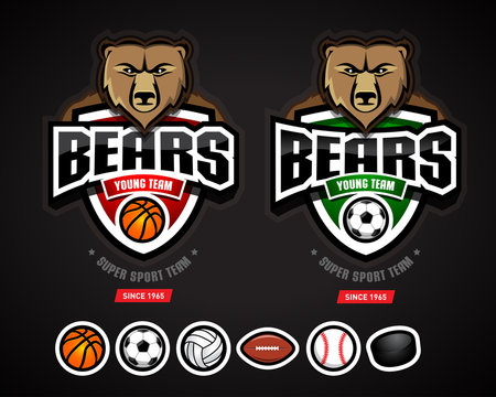 Bears sport logo team template/logotype constructor for basketball, soccer, volleyball, american football, baseball, hockey. Bear mascot. Vector illustration.