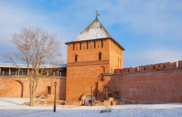 Tower and wall of old Kremlin in Veliky Novgorod