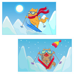 Set of illustrations with funny cats-skiers on the background of mountain landscape