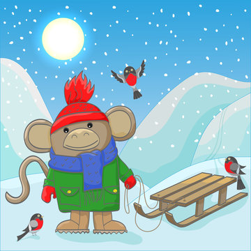 Illustration of funny monkey in winter clothing with sledges and bullfinches on a winter landscape