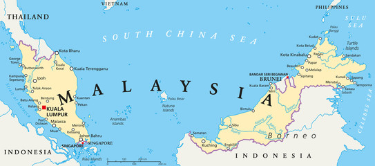 Malaysia political map with capital Kuala Lumpur, national borders, important cities and rivers. English labeling and scaling. Illustration.