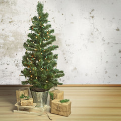 Decorated Christmas tree and gifts in Scandinavian style