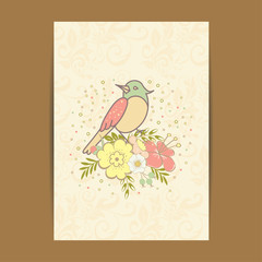 Vintage invitation card with a bird and flowers
