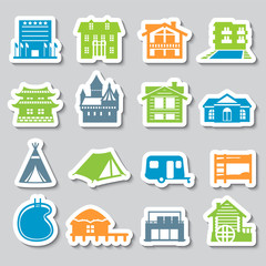 Icon hotel, house, camping. accommodation options. Vector set stickers. - obrazy, fototapety, plakaty