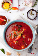 Goulash, beef, tomato, pepper, chili, smoked paprika soup. 