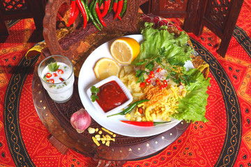 The Indian dish from vegetables, piquant sauce and kefir