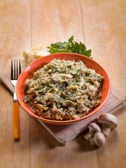barley risotto with mushroom  selective focus