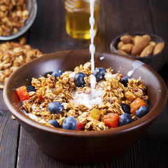 Healthy breakfast. Fresh granola, muesli with berries, honey and milk 