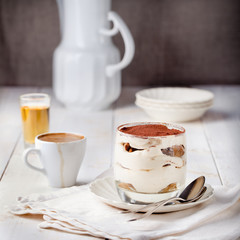 Tiramisu dessert in a glass. Traditional Italian.