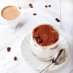 Tiramisu dessert in a glass. Traditional Italian.