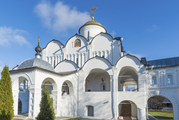 Fototapeta na wymiar Cathedral at St. Pokrovsky Monastery was built 16th century in Suzdal. Golden Ring Travel of Russia