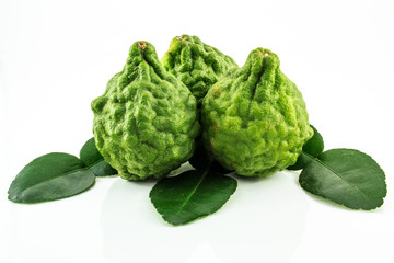 Kaffir Lime (Bergamot) with leaves on white background