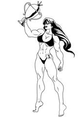 miss fitness champion girl,illustration,logo,ink,black and white,outline,isolated on a white