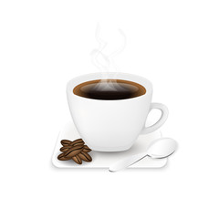 Cup of coffee with coffee beans and spoon.