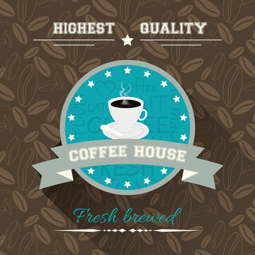 Coffee house. Vector illustration in flat design with label and background with coffee pattern.