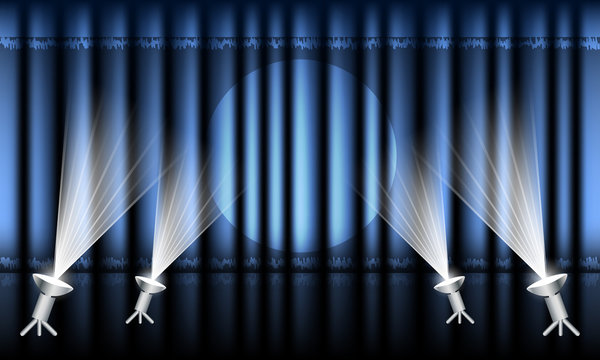 Theater stage with blue curtain and spotlights. Vector illustration.