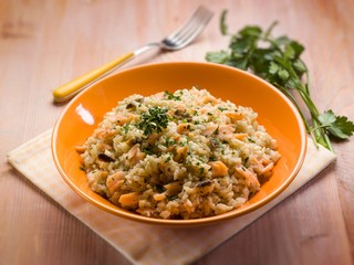 risotto with smoked salmon, selective focus