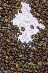 Map of India under a background of coffee beans