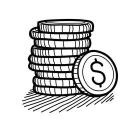 Stack of Coins Doodle (Dollar), a hand drawn vector doodle illustration of a stack of gold coins with Dollar currency sign on it.