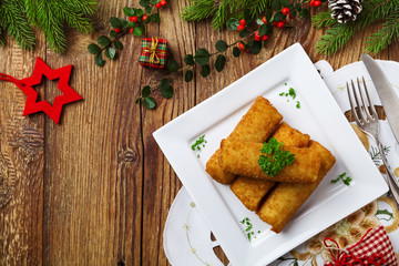 Croquettes with sauerkraut and mushrooms served with beetroot so