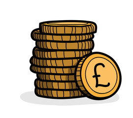 Stack of Coins (Pound Sterling), a hand drawn vector illustration of a stack of gold coins with Pound Sterling currency sign on it.
