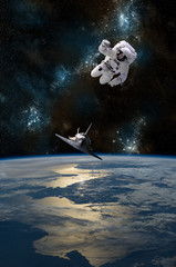 An astronaut drifting in space is rescued by a space shuttle - Elements of this Image Furnished by NASA.