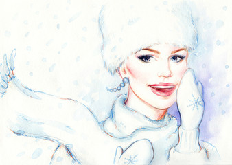 Portrait of smiling woman wearing winter accessories. Young beauty woman with hat. Watercolor illustration