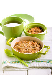 Crumble cakes in ceramic baking tins