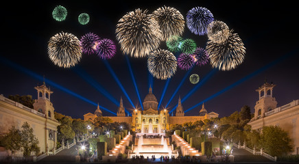 Beautiful fireworks under Magic Fountain in Barcelona - obrazy, fototapety, plakaty