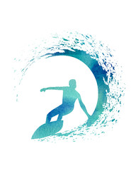Blue Watercolor Illustration of a Surfer with a wave - obrazy, fototapety, plakaty
