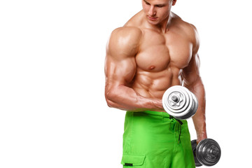 Muscular man working out doing exercises with dumbbells at biceps, strong male naked torso abs,...