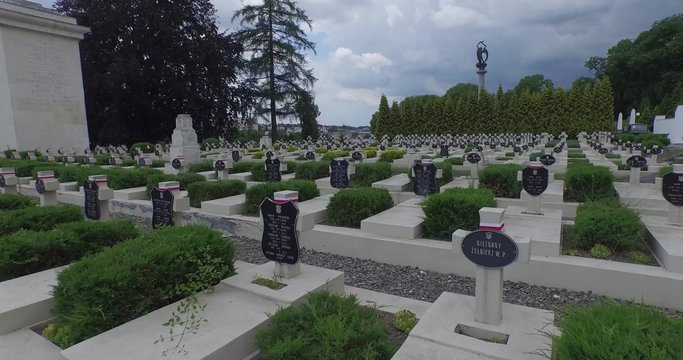 Aerial filming of Lychakiv Military Cemetery of Polish soldiers in Lviv city. Aerial view of Lviv Military Cemetery of Eaglets