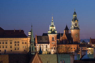 Royal castle and cathedral on the Wawel hill seen from the Town Hall tower in Krakow, Poland in the...