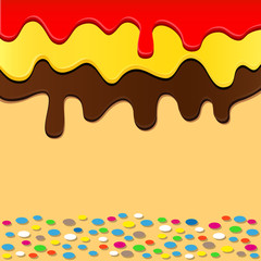 Flowing chocolate, jam and caramel on cake. Vector background.