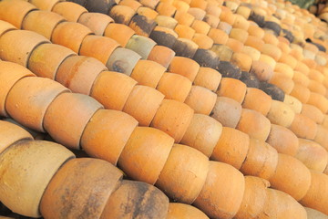 Stacks of clay flowerpots