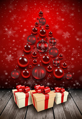 Christmas background red with christmas tree, gift box and shiny balls.