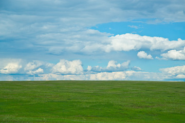 green field with clouds