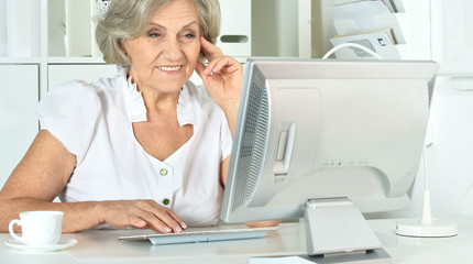 Obraz na płótnie Canvas Elderly woman working on laptop