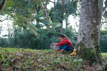 木の根元で読書をする女の子
