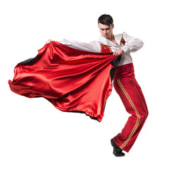 Dancing man wearing a toreador costume. Isolated on white in full length