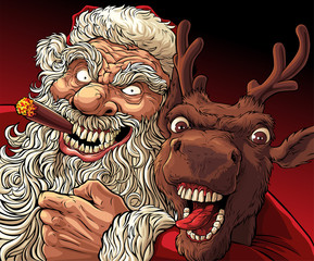 Alternative Christmas: Drunk Santa and Deer.    Very drunk Santa with cigar embracing crazy drunk deer after active Christmas holyday.  © denzorr