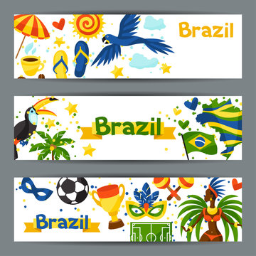 Brazil banners with stylized objects and cultural symbols
