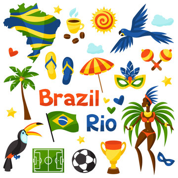 Collection of Brazil stylized objects and cultural symbols