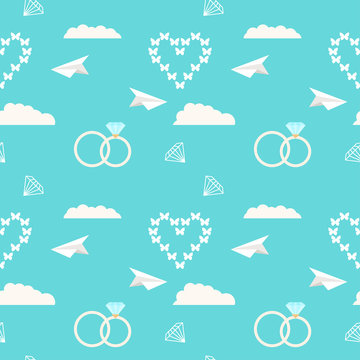 wedding seamless romantic decorative pattern background with cartoon hearts, rings and clouds isolated on stylish blue cover