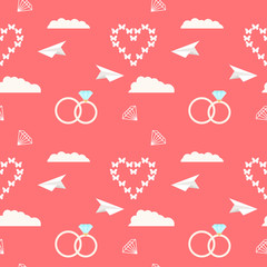 wedding seamless romantic decorative pattern background with cartoon rings and hearts isolated on bright pink
